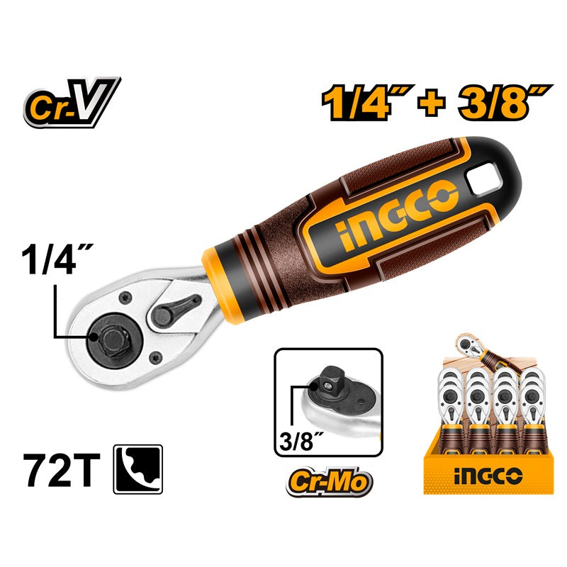 INGCO 1/4" & 3/8" Stubby Ratchet Handle 72T HKTH081438