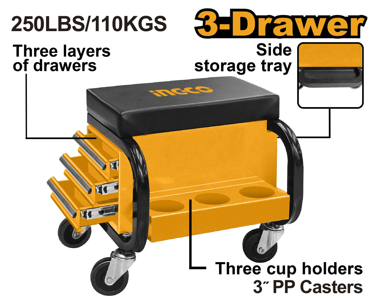 INGCO Seat Creeper with 3 Side Drawers & Front Tray HCS103