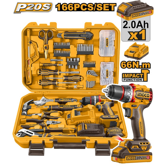 INGCO 20V IMPACT DRILL 66NM IN 166PCS TOOL KIT SET HKTHP41662