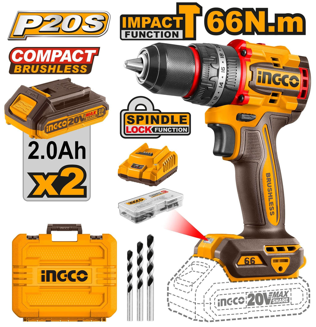 INGCO 20V 2X 2.0AH LI-ION BRUSHLESS IMPACT DRILL CIDLI20668 Full Set