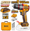 INGCO 20V 2X 2.0AH LI-ION BRUSHLESS IMPACT DRILL CIDLI20668 Full Set