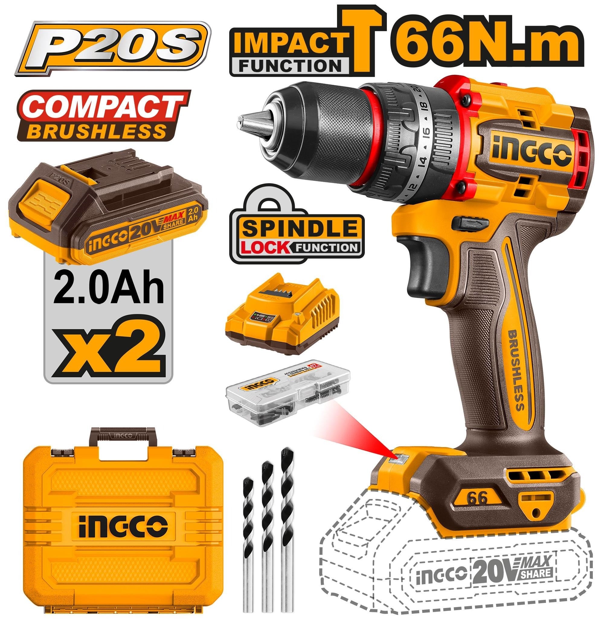 INGCO 20V 2X 2.0AH LI-ION BRUSHLESS IMPACT DRILL CIDLI20668 Full Set