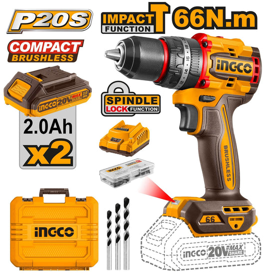 INGCO 20V 2X 2.0AH LI-ION BRUSHLESS IMPACT DRILL CIDLI20668 Full Set