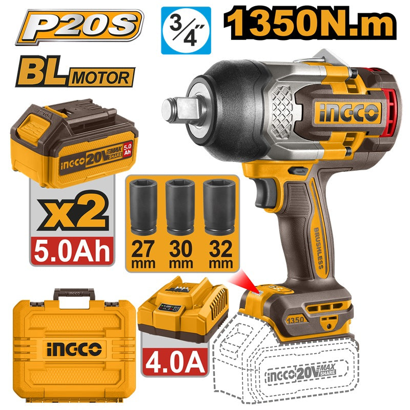 INGCO 20V Brushless Cordless Impact Wrench 3/4" - 1350Nm Complete Set