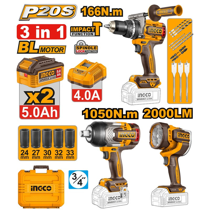 INGCO 3-Piece Brushless Cordless Combo Kit - Impact Wrench, Impact Drill & Work Lamp