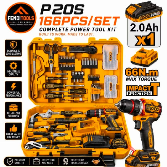 INGCO 20V IMPACT DRILL 66NM IN 166PCS TOOL KIT SET HKTHP41662