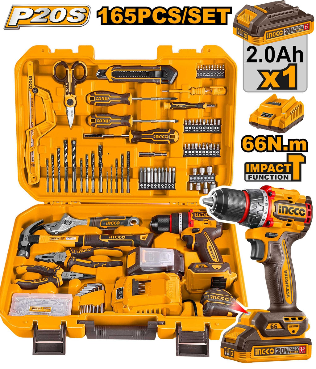 INGCO 20V Li-Ion Impact Drill 165PCS Tool Kit Set HKTHP11651