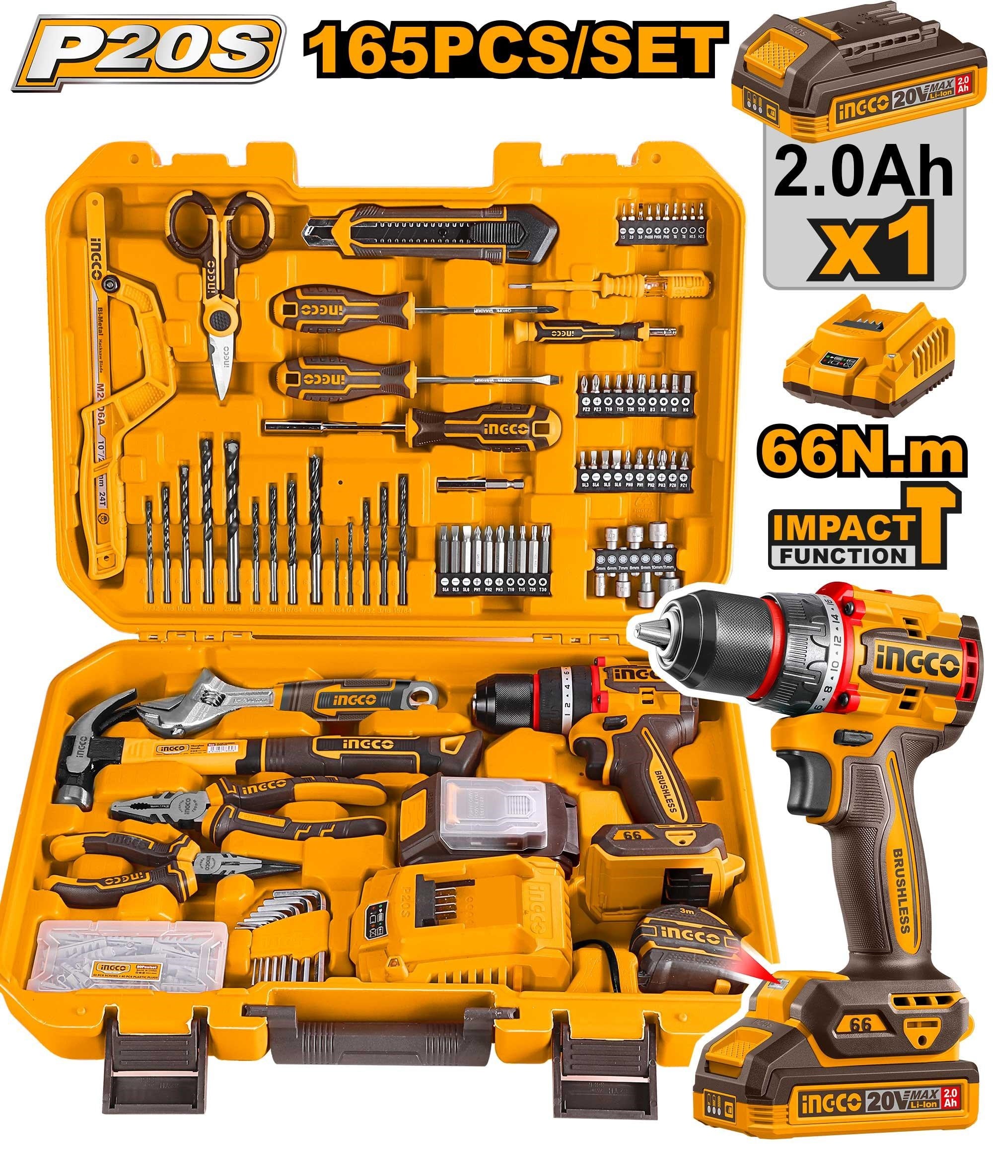 INGCO 20V Li-Ion Impact Drill 165PCS Tool Kit Set HKTHP11651