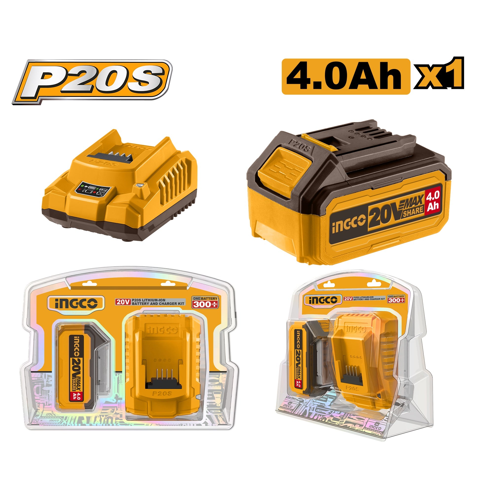 INGCO 20V 1X4.0AH BATTERY FBLI20011 + CHARGER FCLI2001 PS PACK FBCPK1214