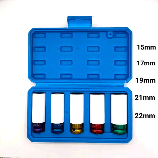 Fenditools 5Pcs Sleeve 1/2" Drive Thin Wall Wheel 15mm 17mm 19mm 21mm 22mm Deep Impact Nut Remover Socket Set Hard Case