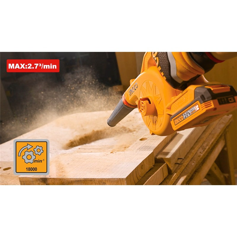 INGCO 20V LI-ION Blower, 18,000 RPM High-Speed, 2.7M3/MIN Air Volume, Complete with 1 x 2.0Ah Battery and Charger CABLI20781