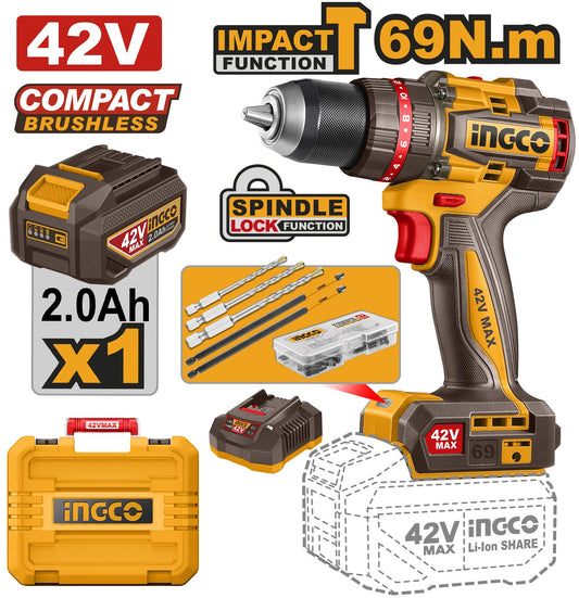 INGCO 42V BL Compact Impact Drill 69NM 1x2.0Ah + Case CIDLI42698