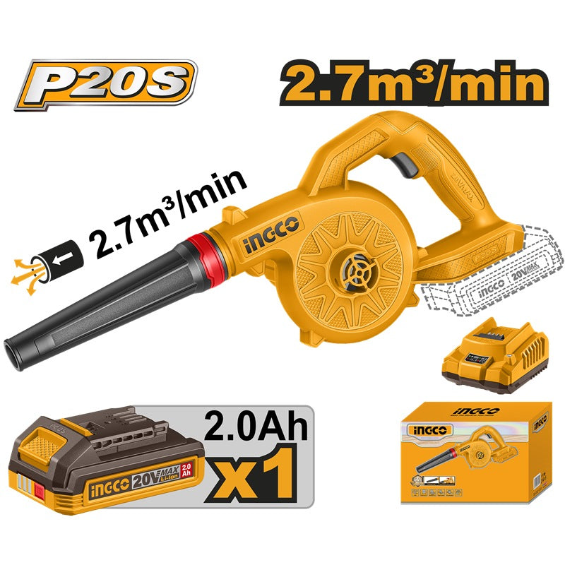 INGCO 20V LI-ION Blower, 18,000 RPM High-Speed, 2.7M3/MIN Air Volume, Complete with 1 x 2.0Ah Battery and Charger CABLI20781