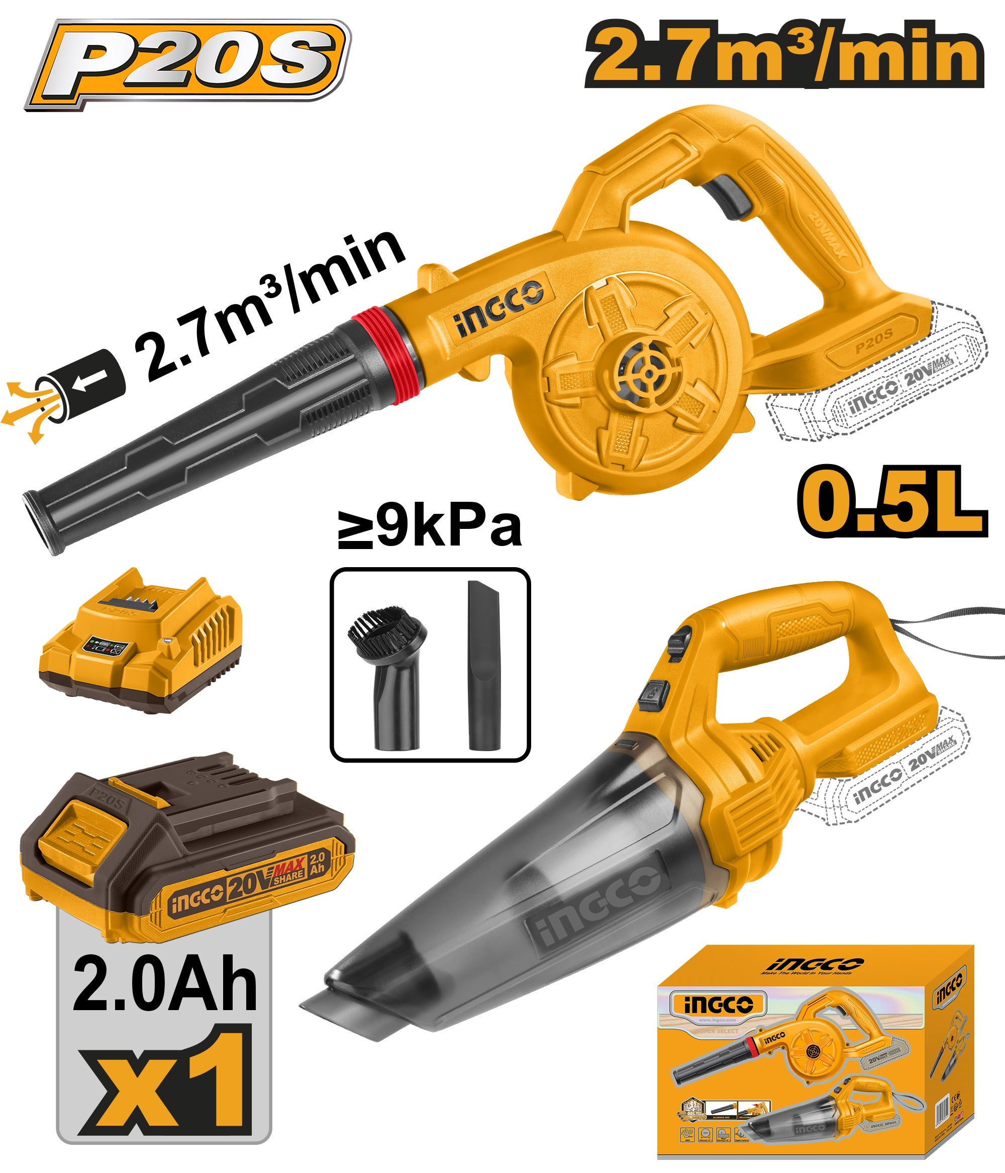 INGCO 20V 2PCS BLOWER & VACUUM, COMBO SET COSLI240998