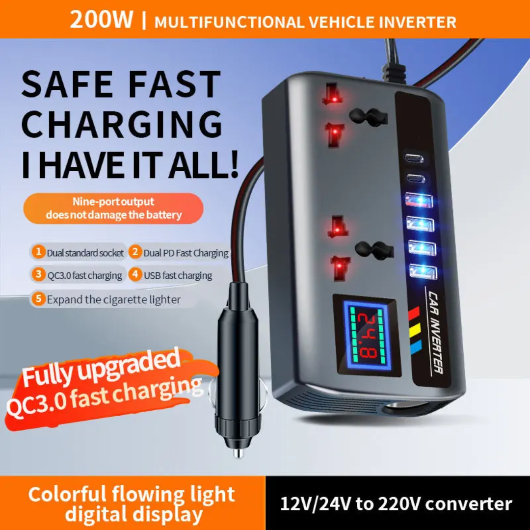 Fenditools Universal 12V/24V Car Inverter Converter Truck Charging Power Outlet with Cigarette Lighter Car 220V Charging Interface
