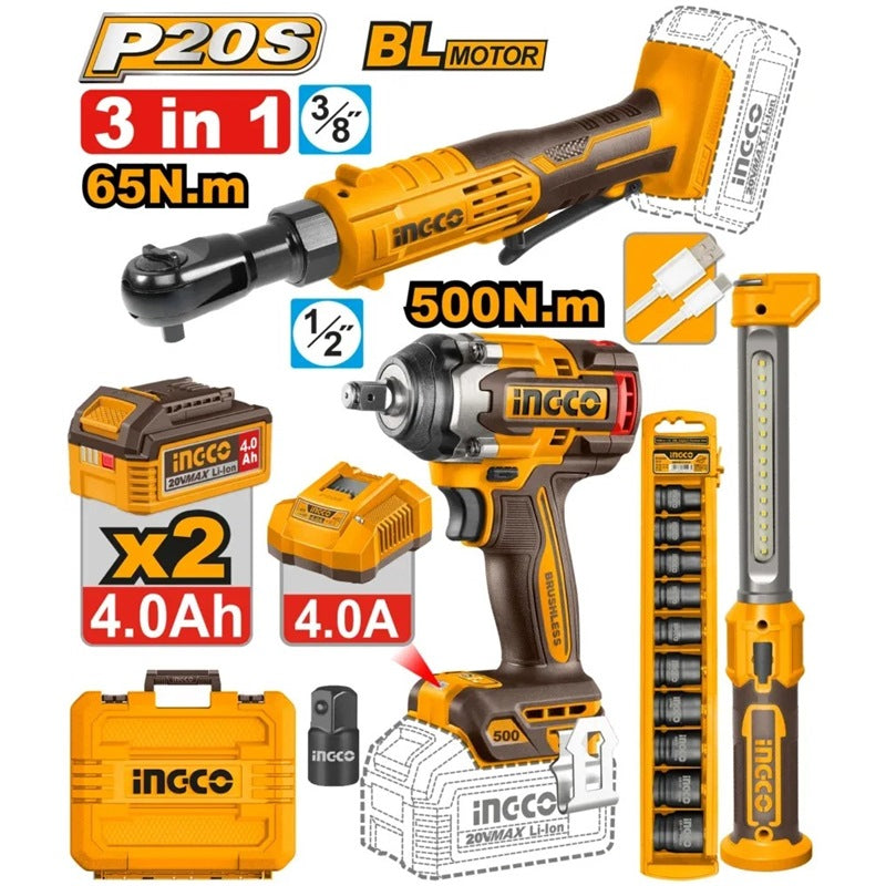 INGCO 3-in-1 Cordless Combo Kit - 500Nm Impact Wrench, 65Nm Ratchet Wrench & 300Lm LED Work Light (P20S)