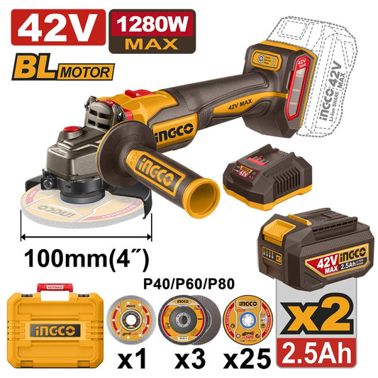 INGCO 42V BL 4in 1280W Angle Grinder 2x2.5Ah + Discs + Case CAG4728102