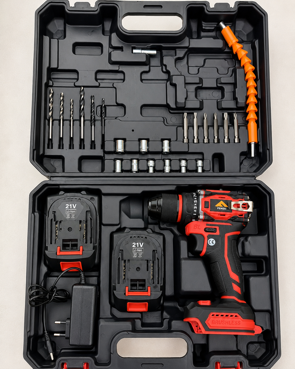 Fenditools 21V Brushless Cordless Drill 60-80Nm | 2x Battery + Charger + Case + Accessories